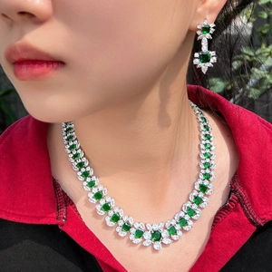 Parure de bijoux de luxe avec collier émeraude et boucles d'oreilles sur modèle