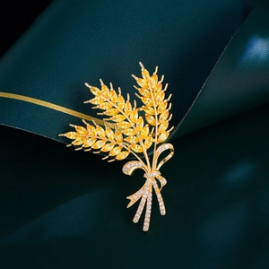 Luxury Gold Copper Wheat Brooch For Women AAA Zirconia Inlaid Bow Ribbon Suit Dress Accessories Jewelry Gift Pin