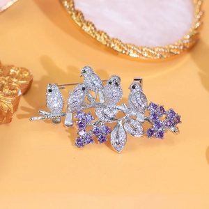 Elegant Birds On Branch Brooch For Women Luxurious Zirconia Flower Lapel Pin Copper Vintage Jewelry Accessory For Suits Dresses