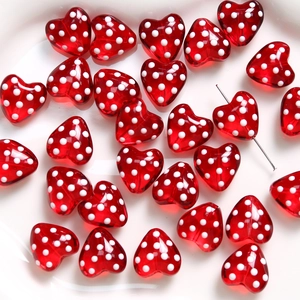 Hand-painted 3D polka dot red glass heart charms for DIY jewelry making and necklace crafts