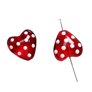 Red heart glass bead with white polka dots and vertical hole for DIY jewelry making