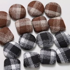 Retro geometric tweed fabric buttons in brown and black-white plaid for DIY crafts