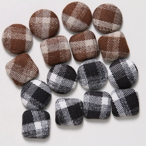 Minimalist fabric wrapped geometric buttons in round and square plaid patterns for DIY