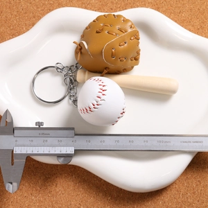 Detailed size measurement of a 3-piece baseball keychain with bat and glove