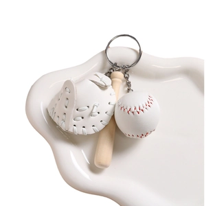 Three-in-one baseball keychain with leather glove, wooden bat and ball pendant