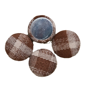 Brown and beige plaid fabric round buttons with metal back for DIY jewelry and hair accessories