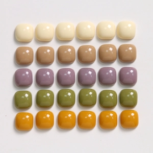 Detailed grid of 10mm glossy square resin cabochons for DIY jewelry and hair accessories