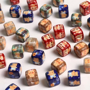 Retro Acrylic Cartoon Bear Plaid Pattern Square Beads For DIY Jewelry Making Mobile Phone Chain Hair Accessories Handmade Craft Beads