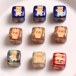 DIY colorful acrylic square beads with vintage plaid patterns and cute cartoon cake bears