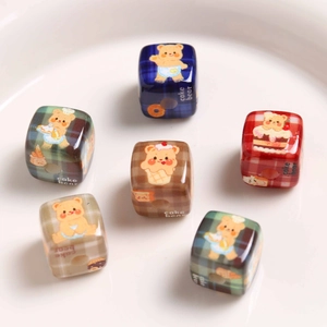 Set of 6 checkered acrylic cube beads featuring cute cartoon bears for DIY jewelry making