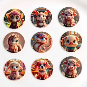 Vue détaillée de neuf breloques rondes en acrylique avec motifs d'animaux du zodiaque 3D
