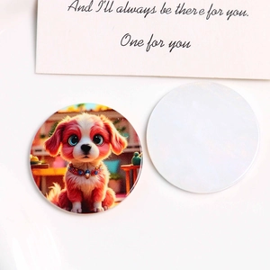 Détail de charm rond en acrylique avec motif chiot et revers blanc brillant poli