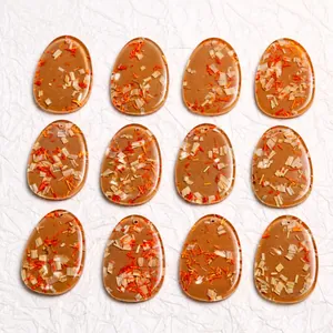 Set of 12 oval resin pendants with dried flowers and wood chips for DIY jewelry making