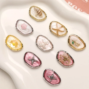 DIY jewelry set with 9 oval alloy resin pendants featuring sea stars and dried flowers