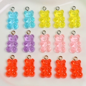 Colorful resin gummy bear charms for DIY jewelry making with metal rings for necklaces