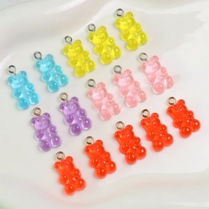 Translucent resin gummy bear charms in assorted candy colors with silver jump rings