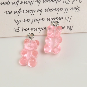 Detail of pink resin gummy bear pendant with metal ring for DIY jewelry making