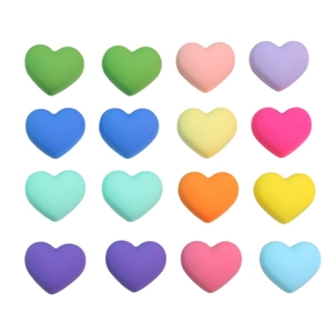 Colorful matte heart-shaped acrylic beads arranged in a 4x4 matrix for DIY jewelry