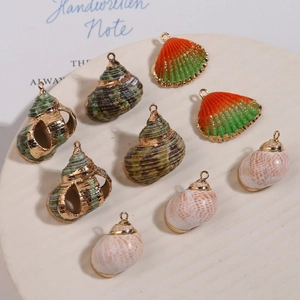 Pendentifs en coquillages naturels avec anneaux dorés pour bijoux DIY sur un plateau