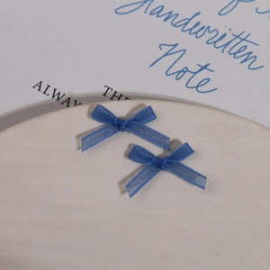 Détail de nœuds en organza bleu clair pour nail art DIY sur un plateau en céramique
