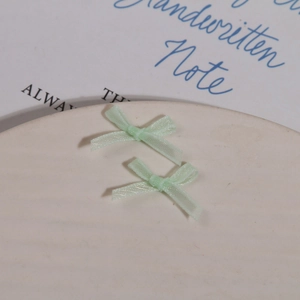 Détail de nœuds en organza vert clair pour nail art sur une assiette en céramique