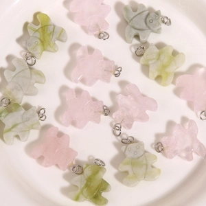 Pendentifs ours en quartz rose et jade naturel avec anneaux en argent pour bijoux DIY