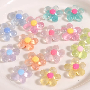 Sparkling resin five-petal flower charms with glitter for DIY hair accessories and crafts