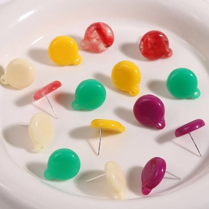 Colorful resin round stud earrings with silver needles and hanging loops in various colors