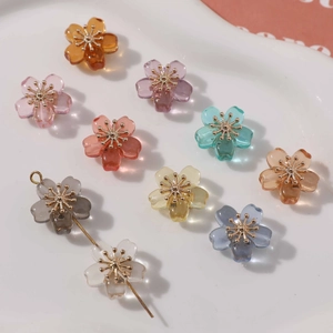 Translucent Resin Flower Beads With Gold Alloy Center Five Petal Cherry Blossom For DIY Jewelry Making Earrings Bracelet