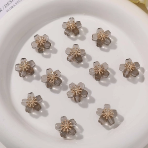 Translucent gray resin flower charms with golden stamen for DIY jewelry making