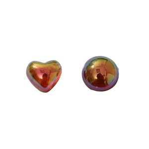 Iridescent geometric resin heart and round studs with a polished gradient mirror finish