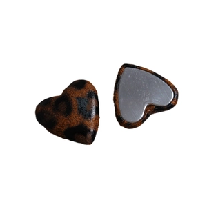 French vintage leopard print faux leather heart charms with a flat silver metal backing