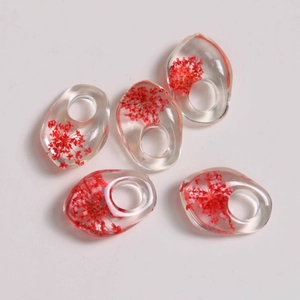 Transparent resin pendants with red dried flowers for DIY jewelry making five pieces set