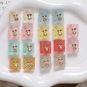 Frosted resin square beads with gold rabbit head inlay in assorted gradient macaron colors