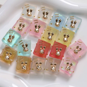 Frosted resin square charms with golden rabbit relief for DIY jewelry making