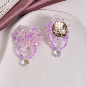 Exquisite handmade beaded flower earrings with purple petals and crystal drop pendants