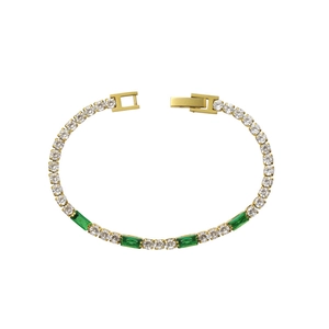 Pulsera tennis bañada en oro 18k con zirconitas verdes rectangulares y blancas