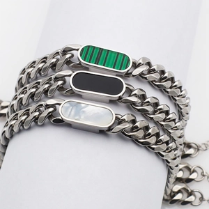 Titanium steel cuban link bracelets with shell inlay, malachite and onyx style centerpieces