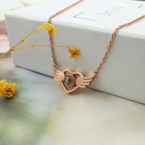 Stainless Steel Heart Angel Wings Projection Necklace For Women Rose Gold I Love You In 100 Languages Pendant Jewelry Gift