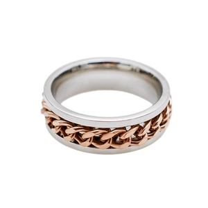 Anillo giratorio para hombre en acero plateado con cadena central de oro rosa fino