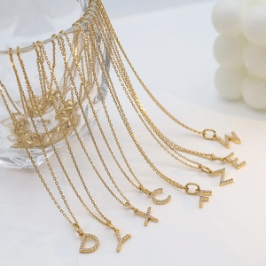 Gold plated stainless steel alphabet pendant necklaces with micro-pave crystals for women