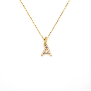 Golden stainless steel necklace with sparkling crystal pave letter A pendant on white background