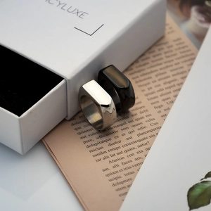 Minimalist silver and black geometric signet rings set with luxury jewelry gift box