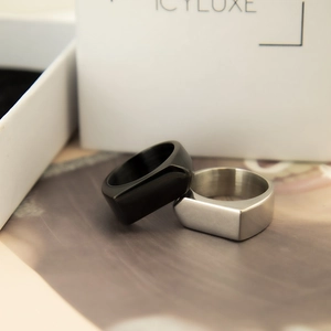 Minimalist geometric square titanium steel rings in matte black and polished silver finish