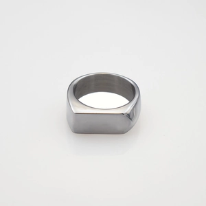 Polished silver stainless steel signet ring with a minimalist flat rectangular surface