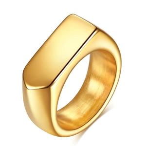 Minimalist gold signet ring with a polished rectangular face and brushed metal interior