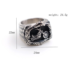 Detailed view of punk Harley motorcycle ring with vintage steel texture and sizing info
