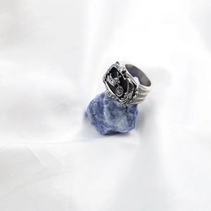 Retro punk style stainless steel biker ring with motorcycle rider relief on black oval base
