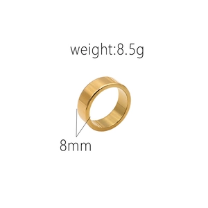 Detail view of 8mm wide 18K gold plated titanium ring with 8.5g weight specification