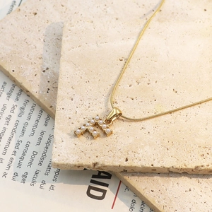 Detail einer goldenen Schlangenkette mit Perlen-H-Anhänger auf einer Steinplatte